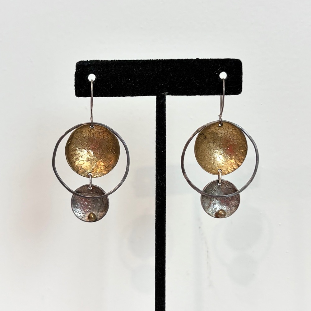 Mixed Metal Hammered Hoop Disc Earrings